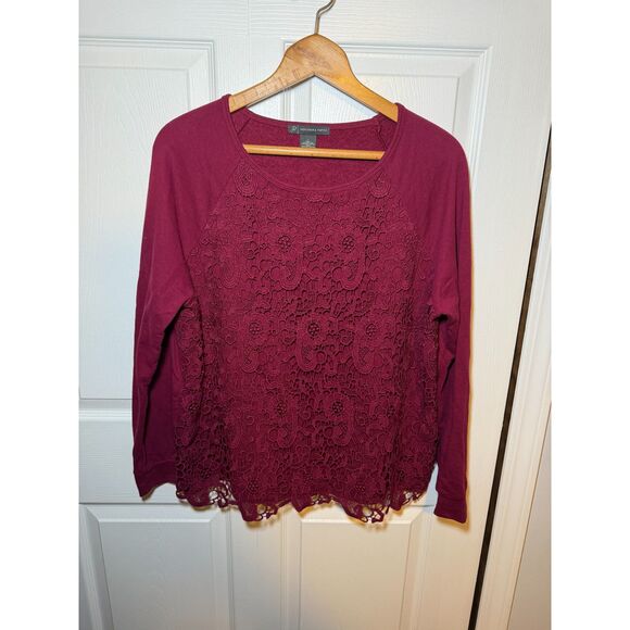 Adrianna Papell Tops - Adrianna Papell Women's Large Burgundy Lace Front Long Sleeve Top
